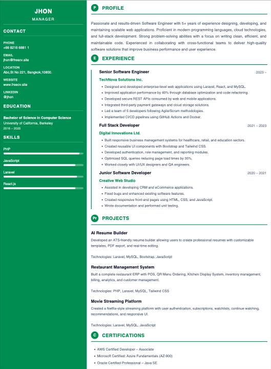 Professional Sidebar CV (No Photo)