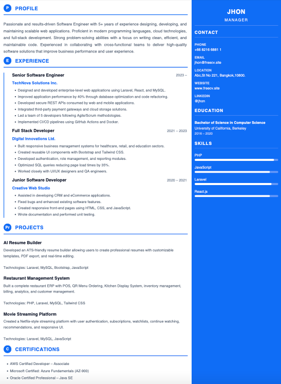 Professional Sidebar Right CV (No Photo)